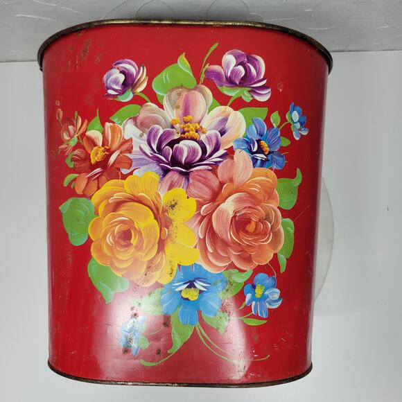 VTG Harvell Tolled Metal Trash Can 12" Red Floral Painted Oval MCM Wastebasket - Picture 2 of 16